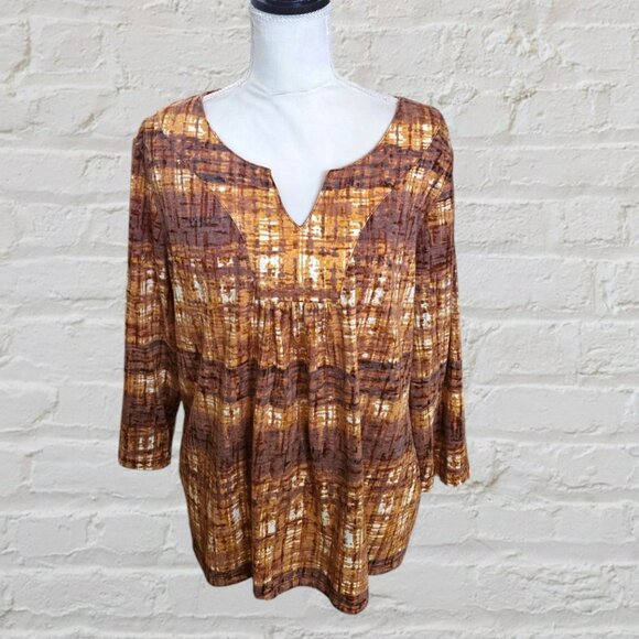 Ruby Rd. Open V Neckline Gathered Brown & Orange Long Sleeve Casual Top - Picture 1 of 5